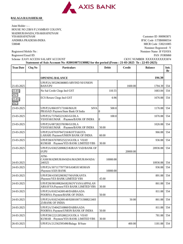 Axis Bank Statement Summary 2025 | PDF | Debit Card | Banks