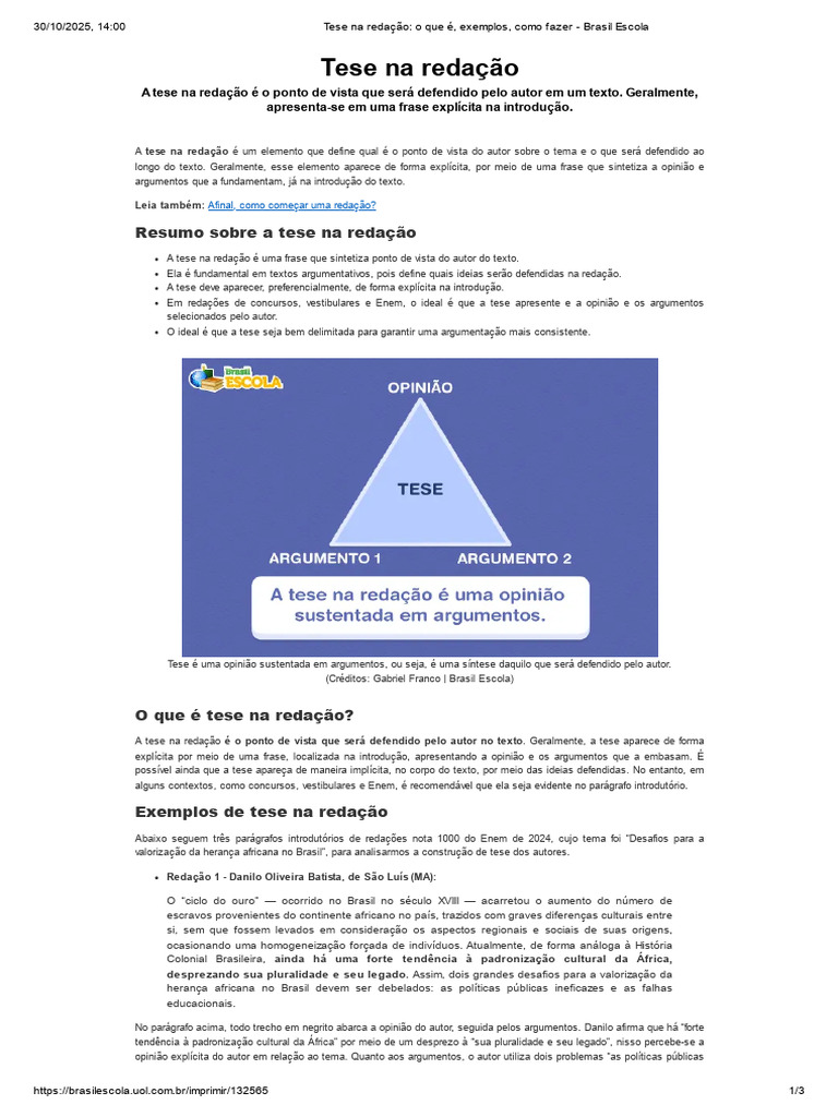 Tese na Redação: Definição e Exemplos | PDF