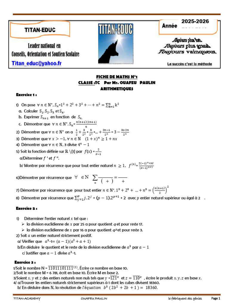 Fiche de Maths : Exercices d'Arithmétique | PDF | Entier naturel ...
