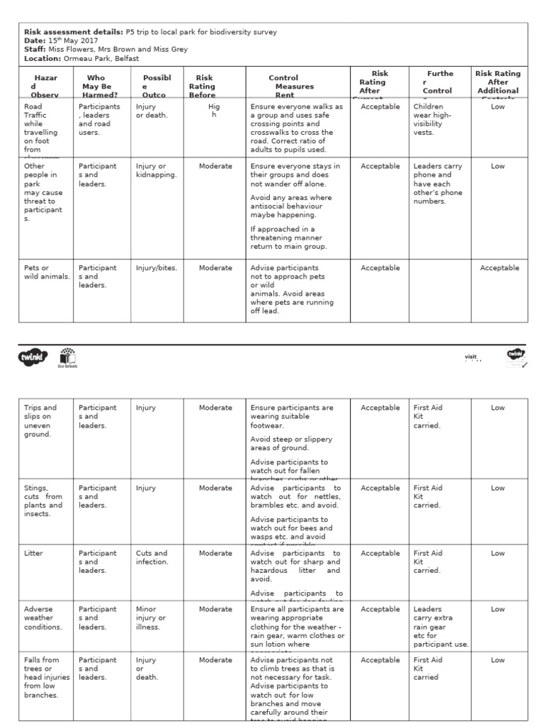 Risk Assessment for P5 Park Trip | PDF