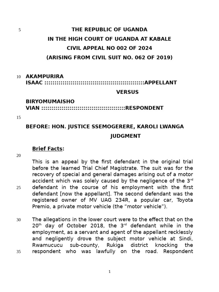 Uganda High Court Appeal on Liability | PDF | Lawsuit | Judgment (Law)
