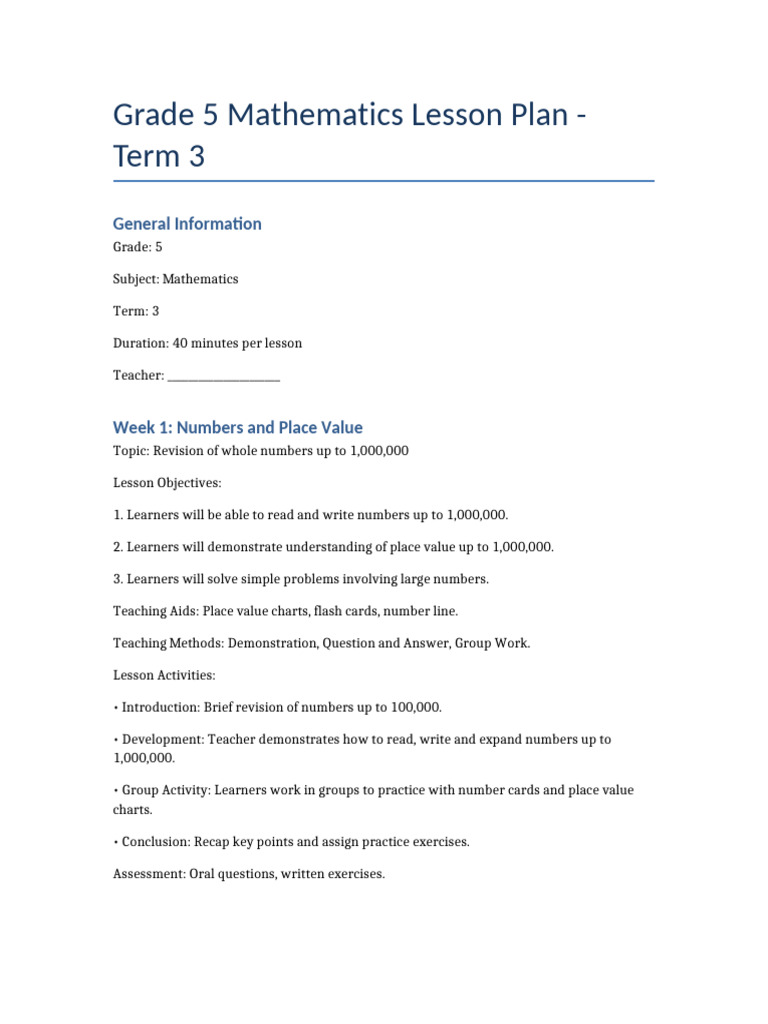 Grade 5 Math Lesson Plan Term 3 | PDF