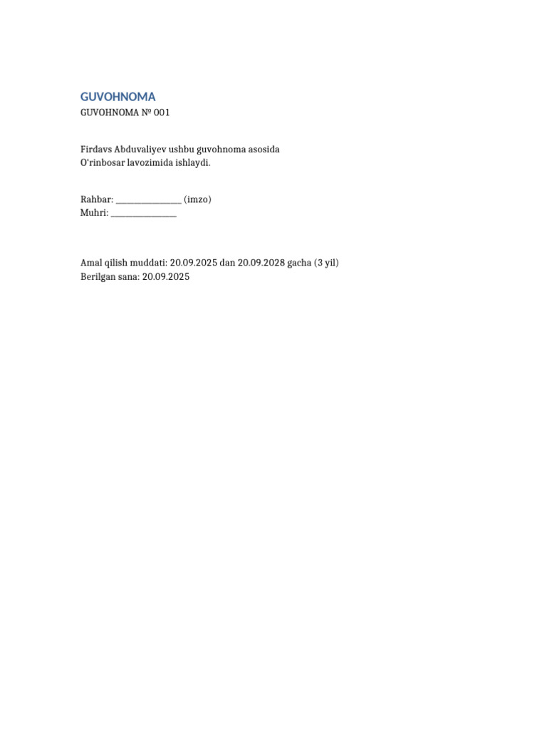 Guvohnoma Firdavs Abduvaliyev | PDF