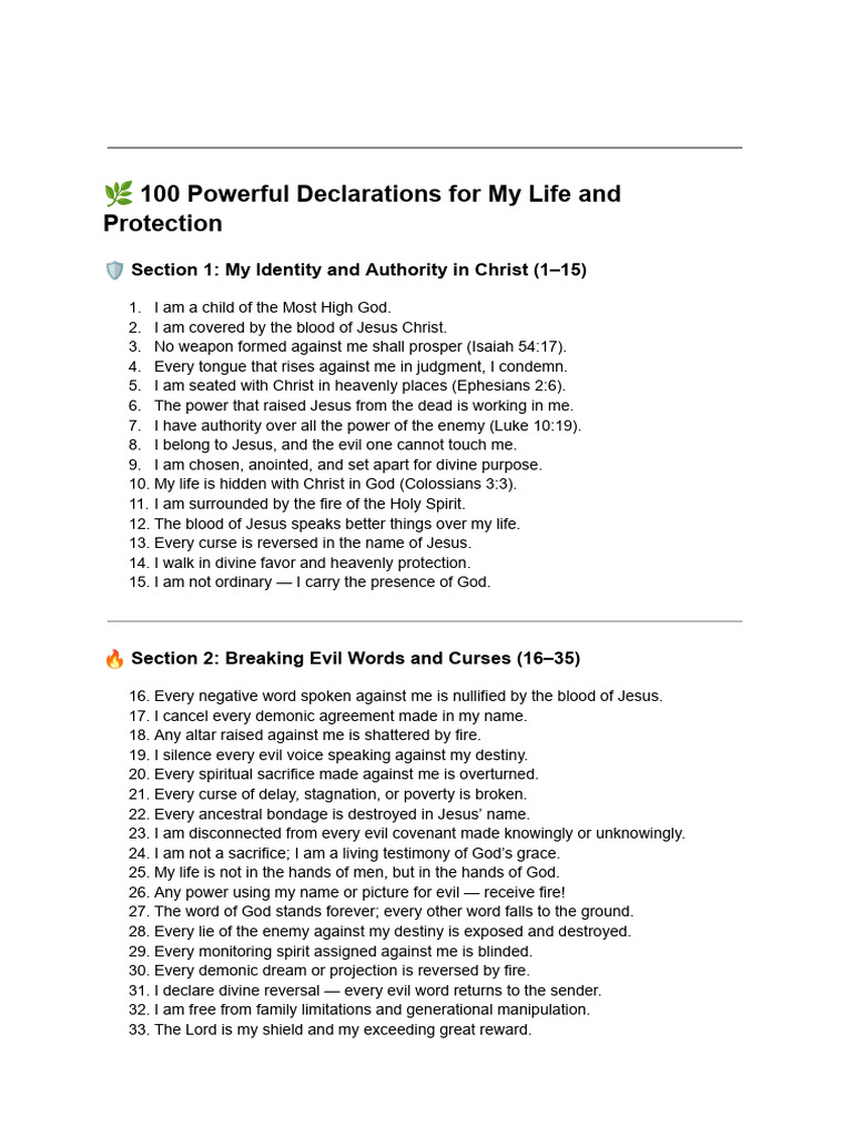 100 Biblical Declarations for Protection | PDF | Jesus | God In ...