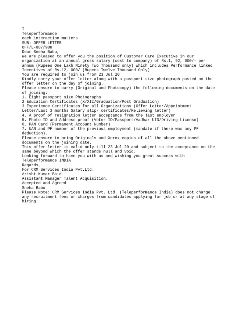Teleperformance Job Offer Letter | PDF
