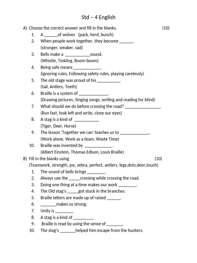 Std 4 English Language Exercises | PDF | Grammatical Gender | Deer