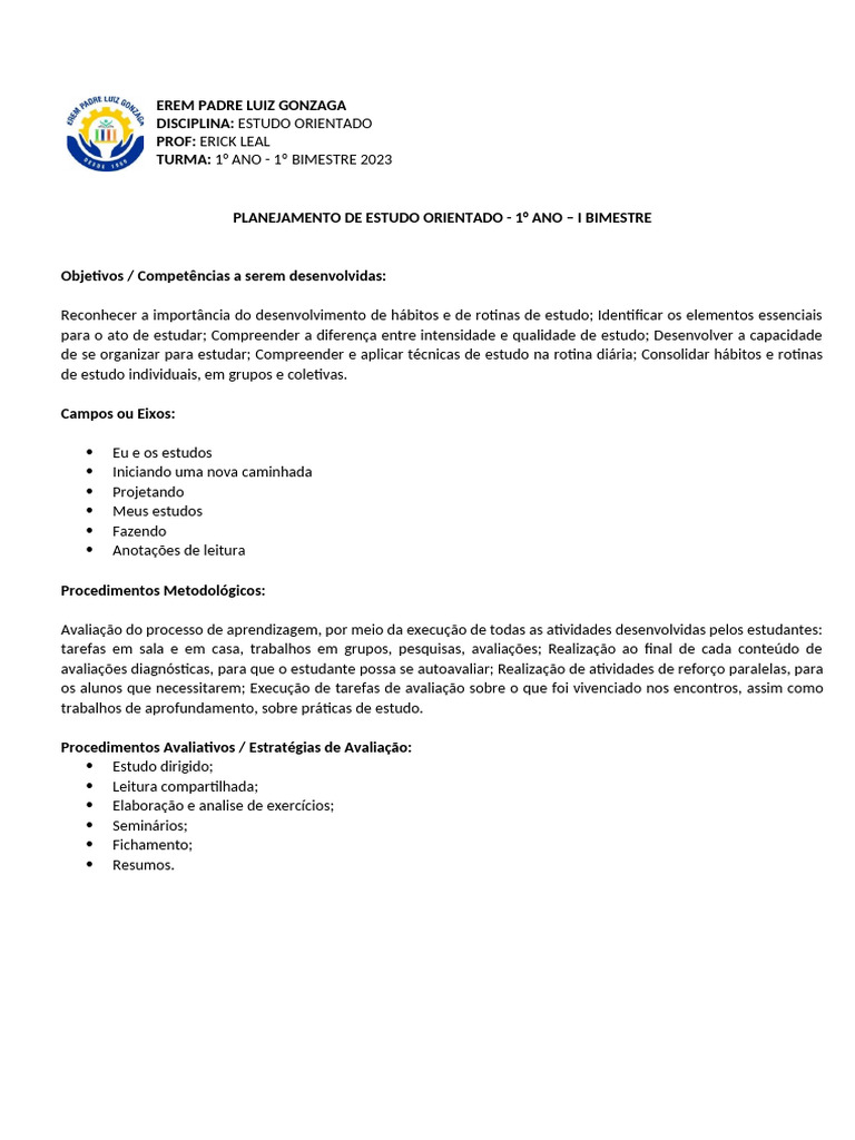 Planejamento de Estudo Orientado 2023 | PDF