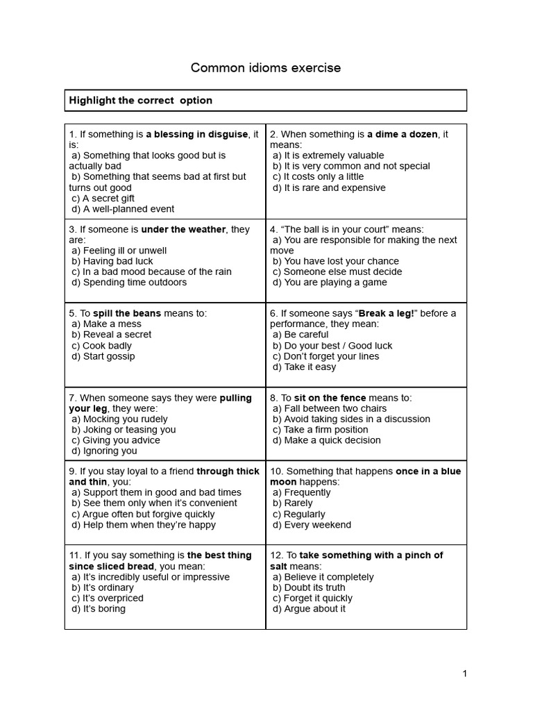 Common Idioms Exercise | PDF