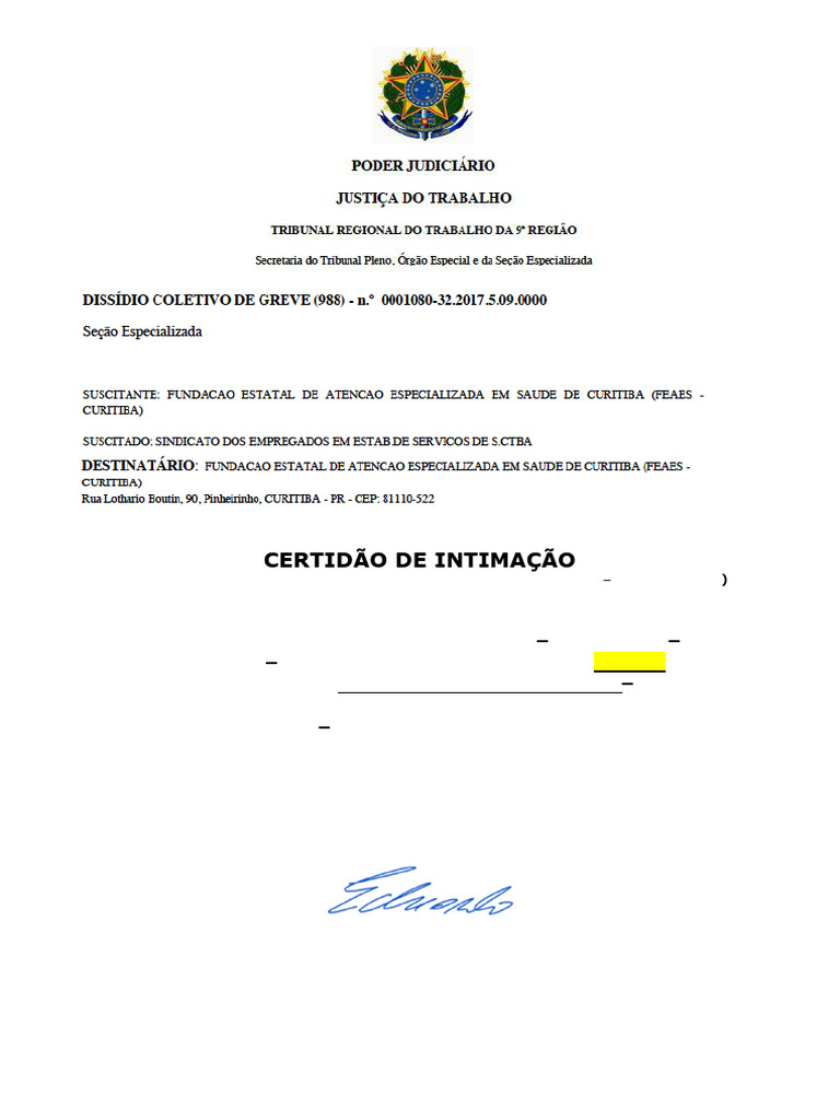 Certidao Word Intimação Feaes-Curitiba | PDF