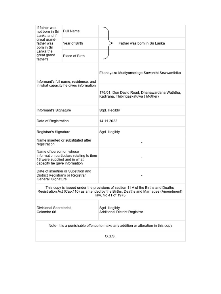 Birth Registration Details in Sri Lanka | PDF