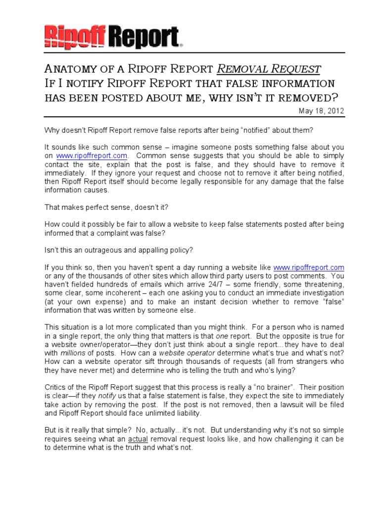 Removing False Ripoff Reports Explained | PDF | Criminal Record | Lawsuit