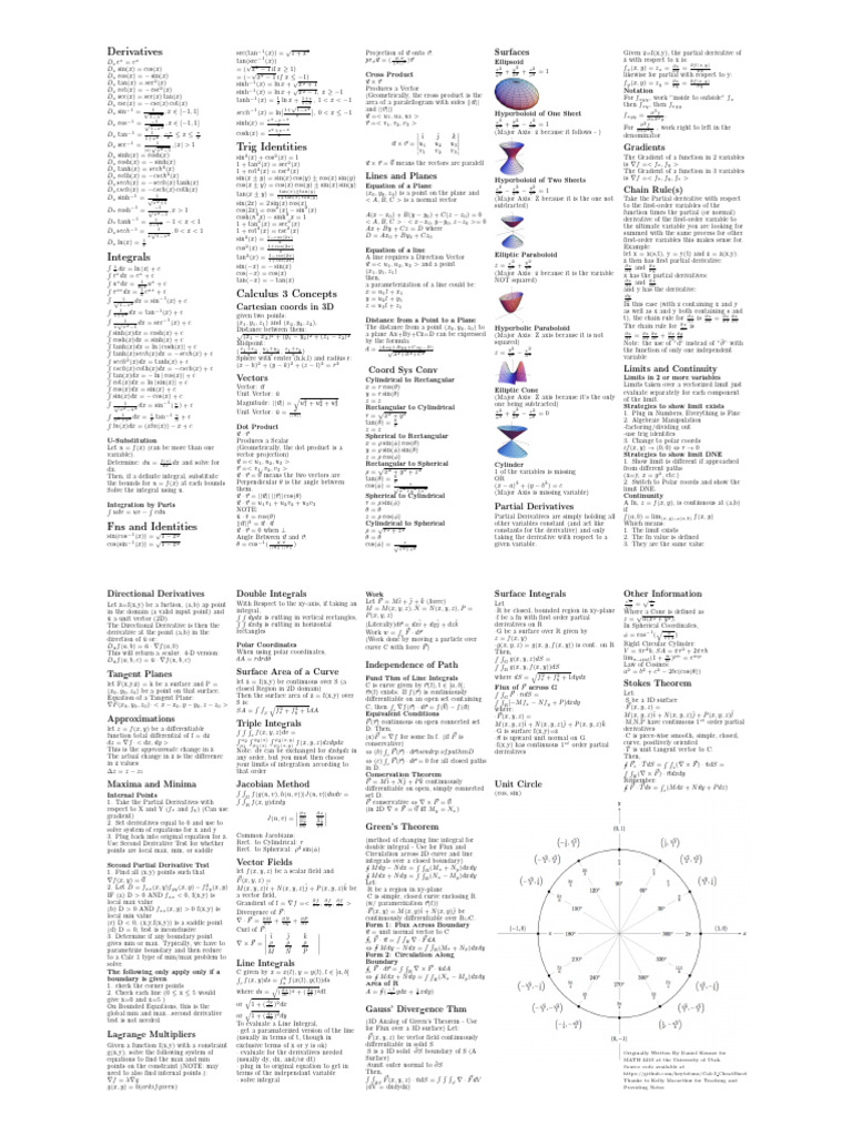 Calculus 3 Cheat Sheet One Sheet | PDF | Integral | Derivative