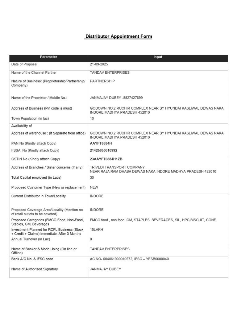 Distributor Appointment Form for TANDAV | PDF | Business | Business ...