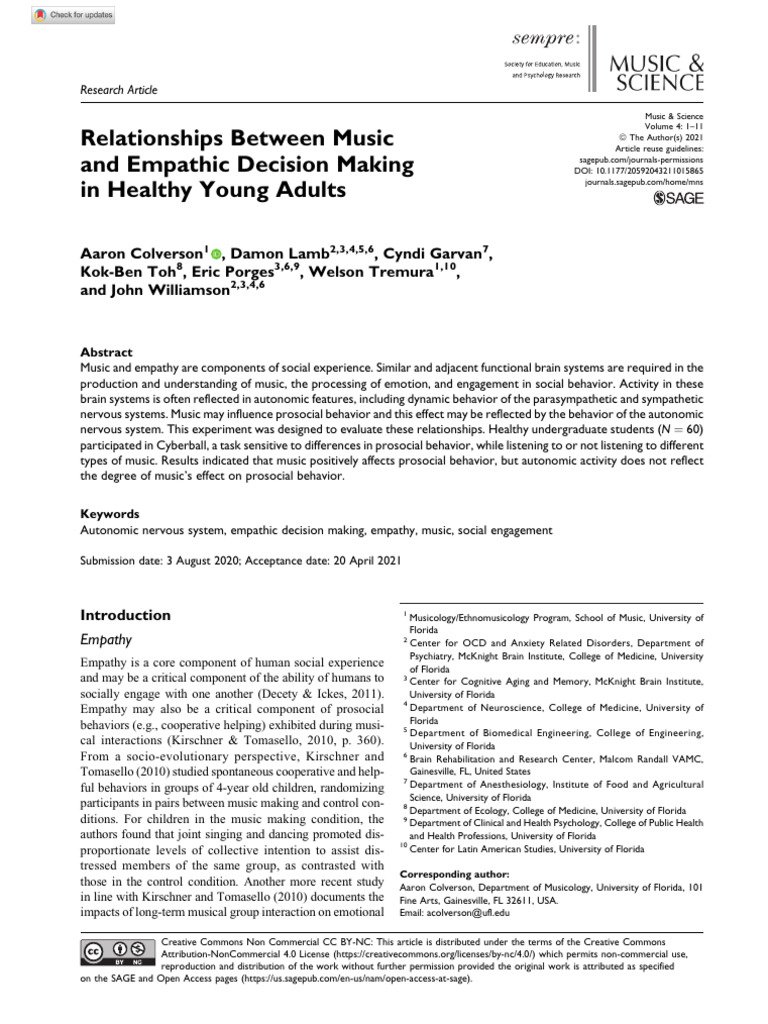Colverson Et Al 2021 Relationships Between Music and Empathic Decision ...