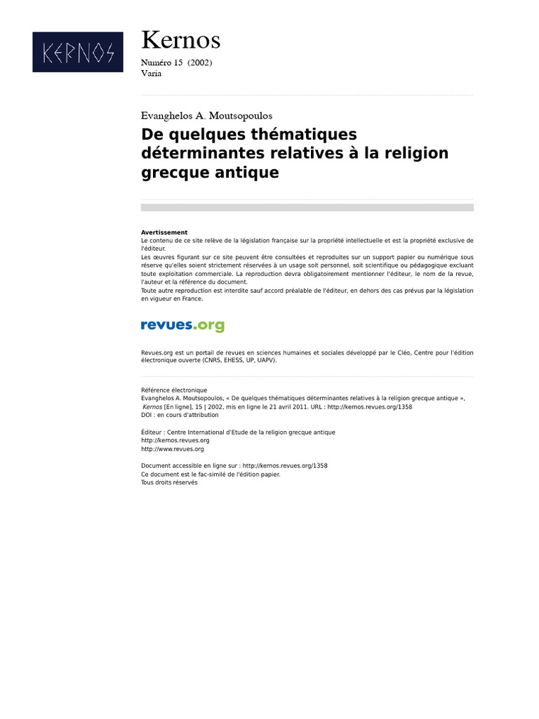 Thématiques de la religion grecque antique | PDF | Grèce ancienne ...