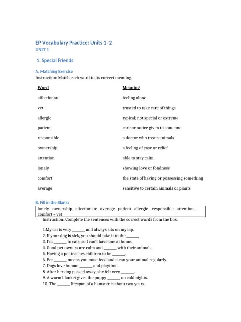 EP UNIT 1-2 Vocabulary - Practice | PDF | Insects