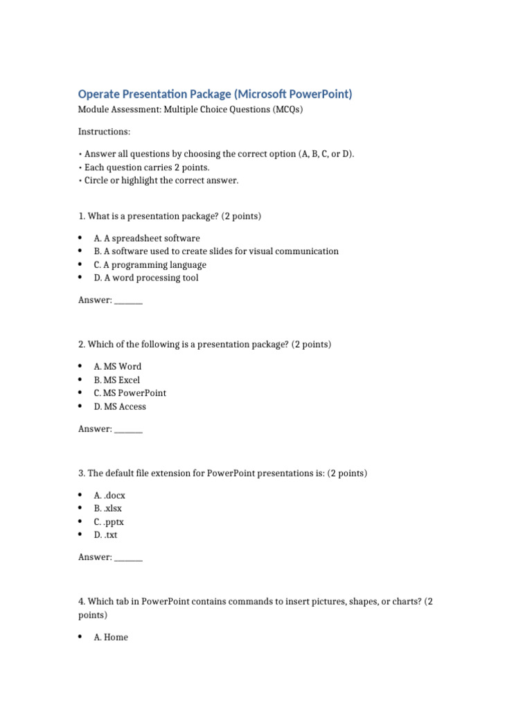 PowerPoint MCQ Assessment Guide | PDF | Microsoft Power Point ...