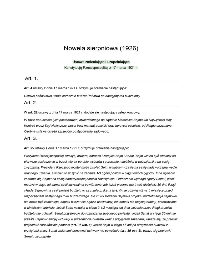 Nowela Sierpniowa Z 1926 Roku | PDF