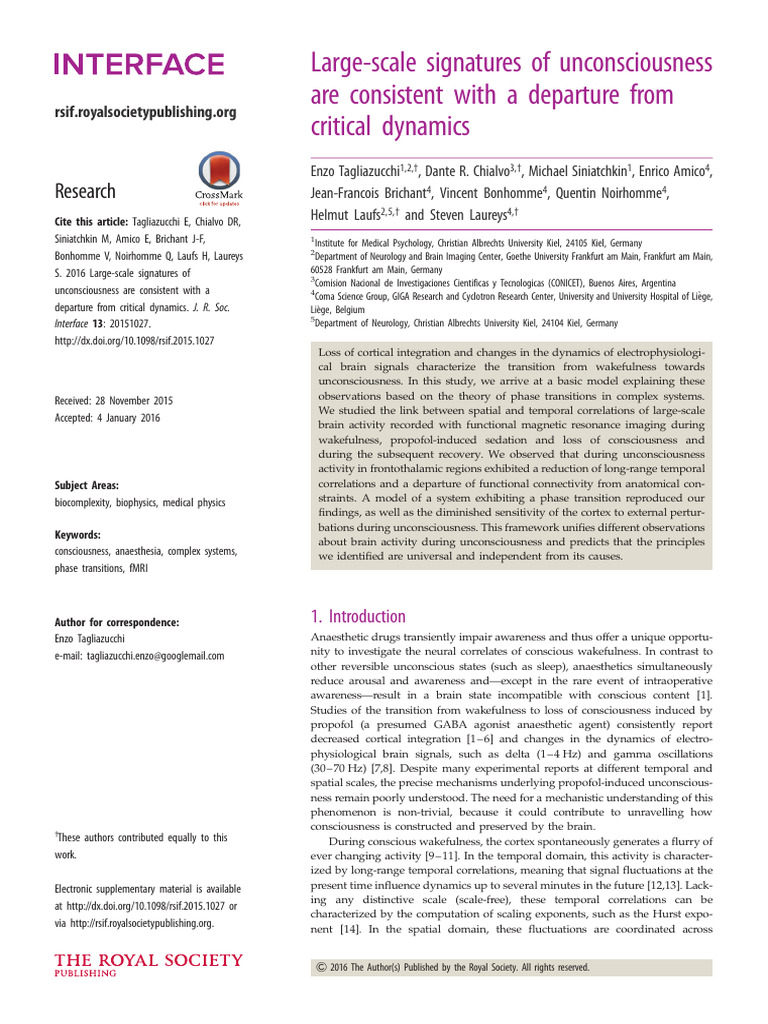 Unconsciousness and Critical Dynamics | PDF | Consciousness | Cerebral ...