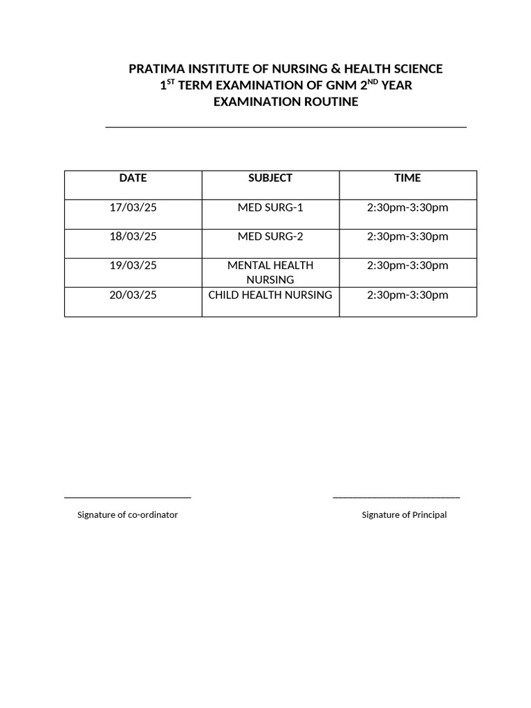 GNM 2nd Year Exam Schedule 2025 | PDF