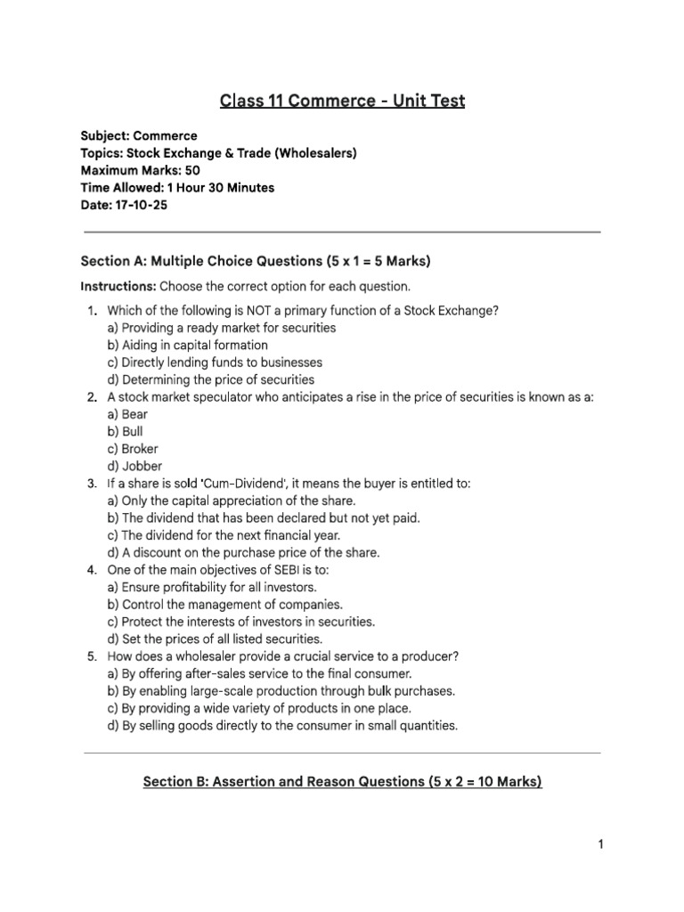 Class11 Commerce Test 17-10-25 | PDF