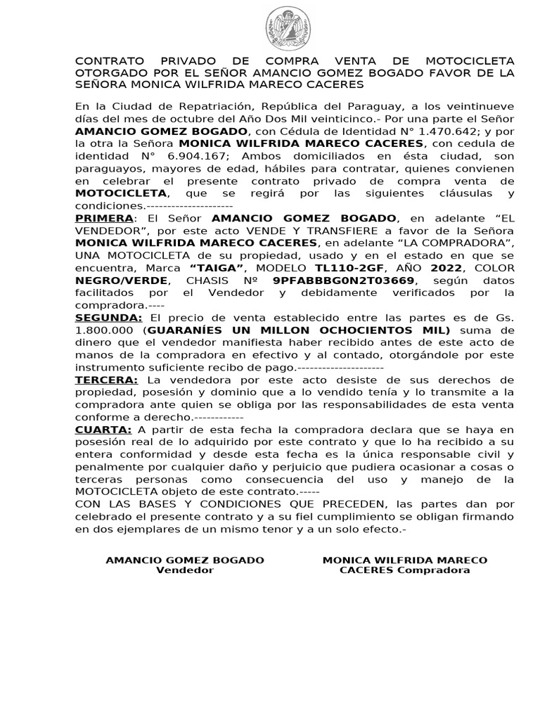 Contrato de Compra Venta Motocicleta | PDF