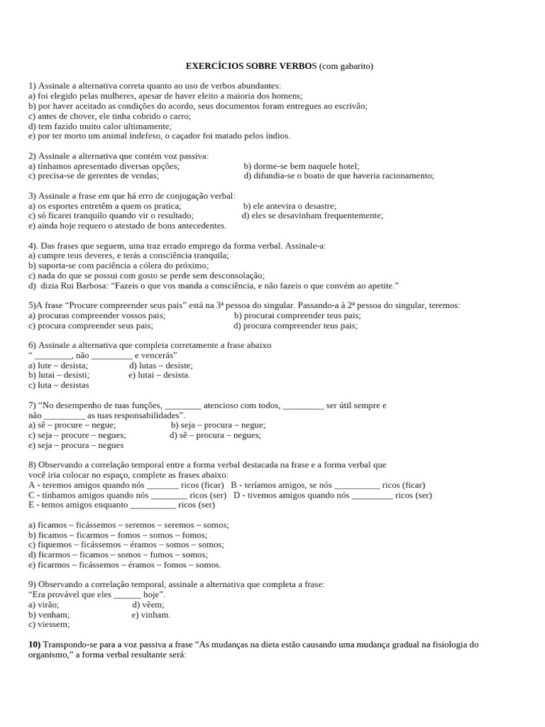 Exercícios de Verbos com Gabarito | PDF