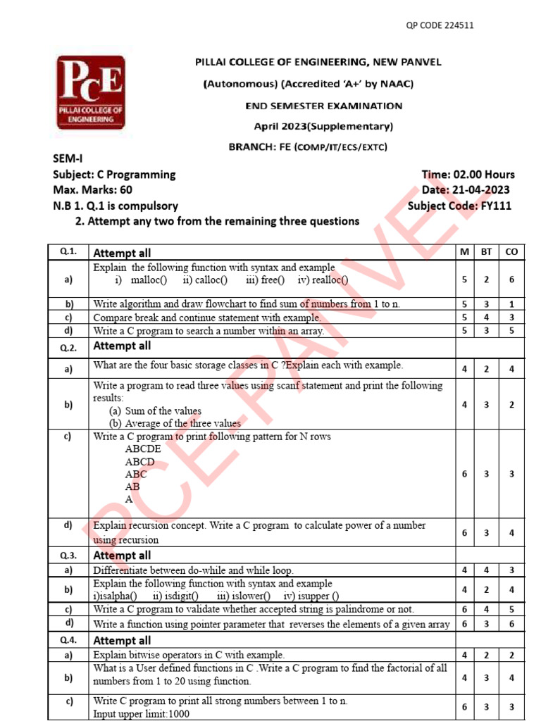 C Programming Exam Paper QP 224511 | PDF | Computer Program | Programming