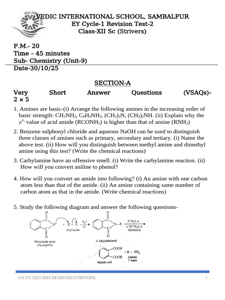 Class XII Chemistry Revision Test on Amines | PDF | Amine | Amide