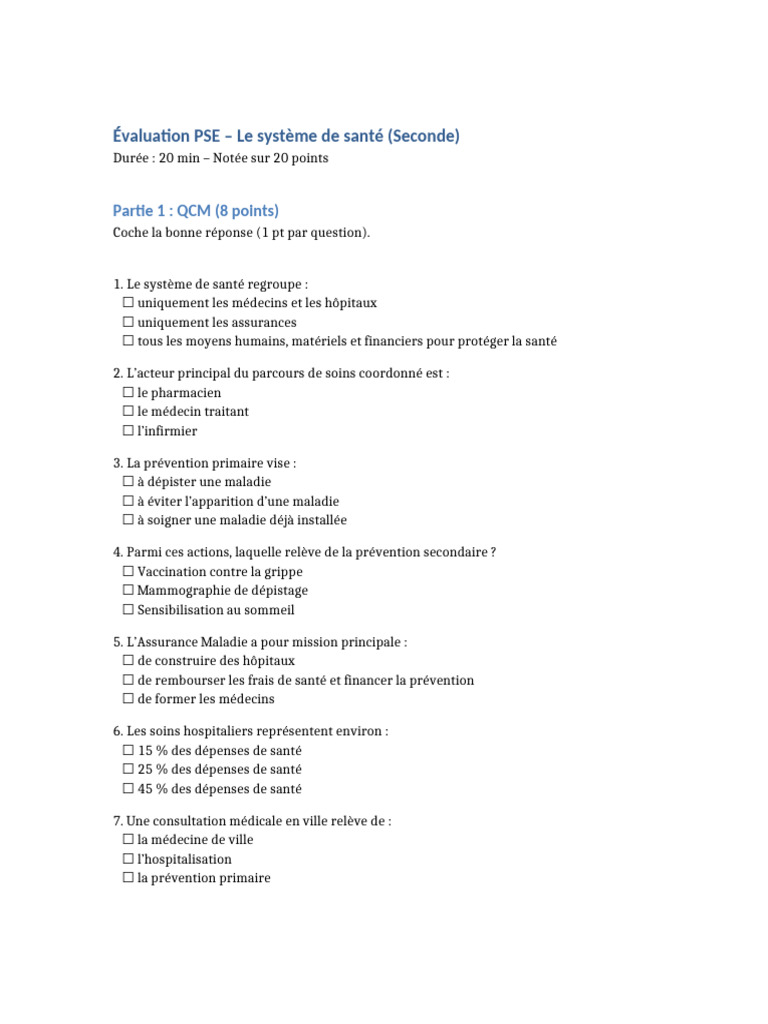 Evaluation 2° - PSE - Systeme - de - Sante | PDF