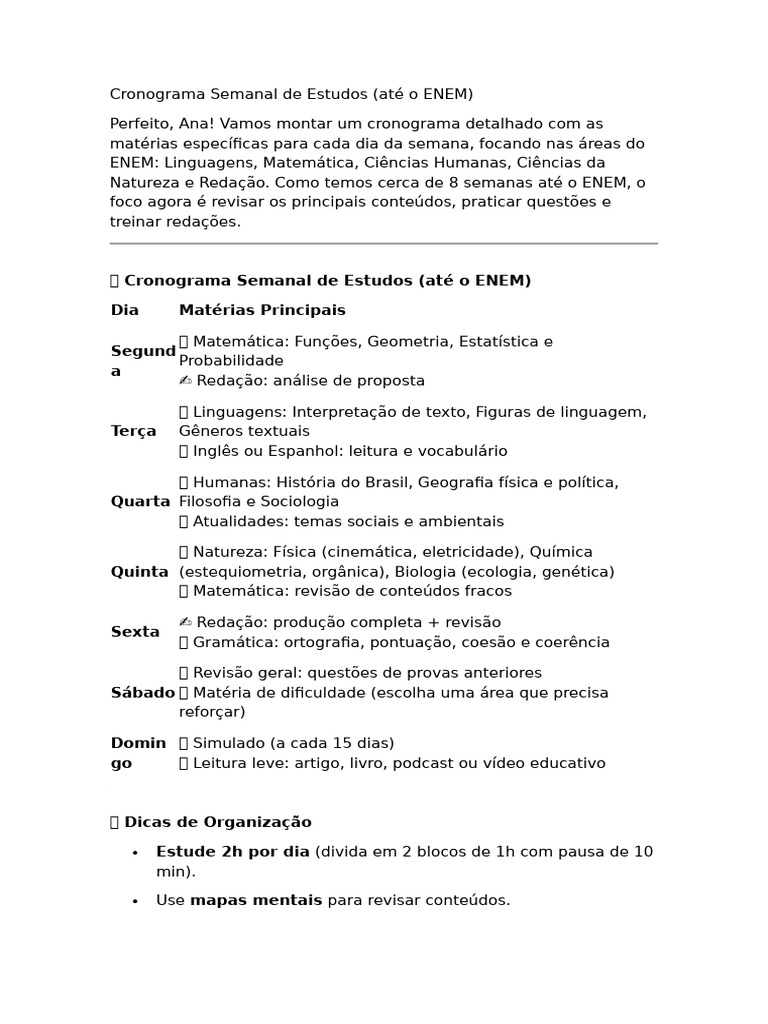 Cronograma de Estudos para o ENEM 2026 | PDF