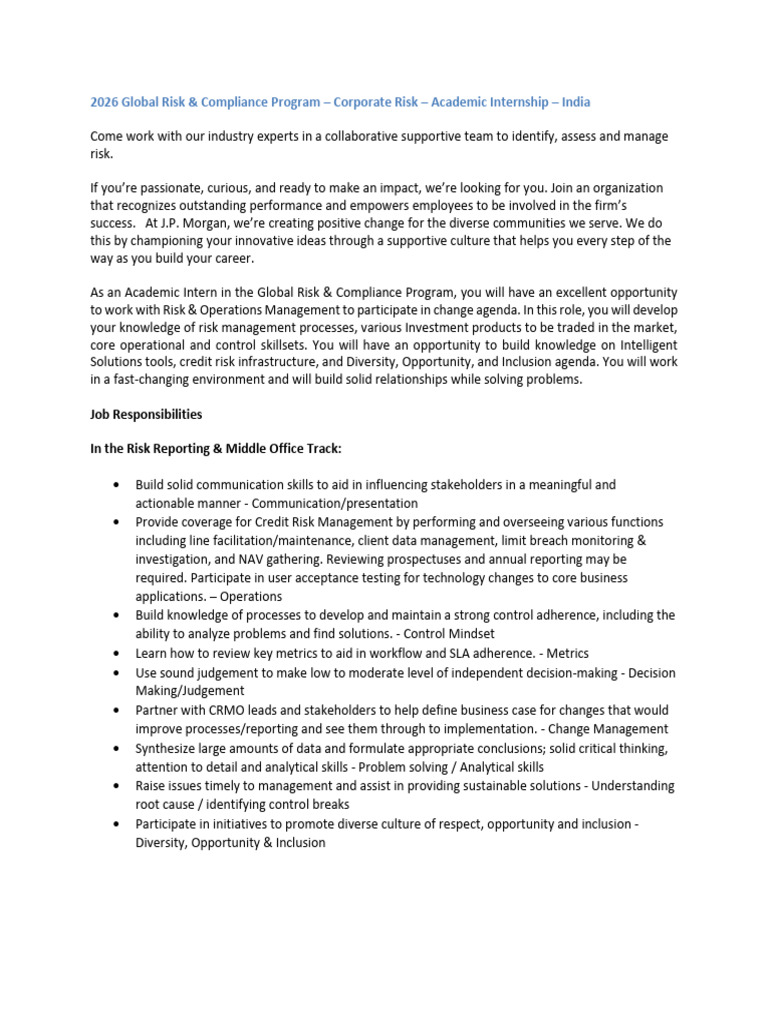 2026 Corporate Risk Internship in India | PDF | Risk Management | Analytics