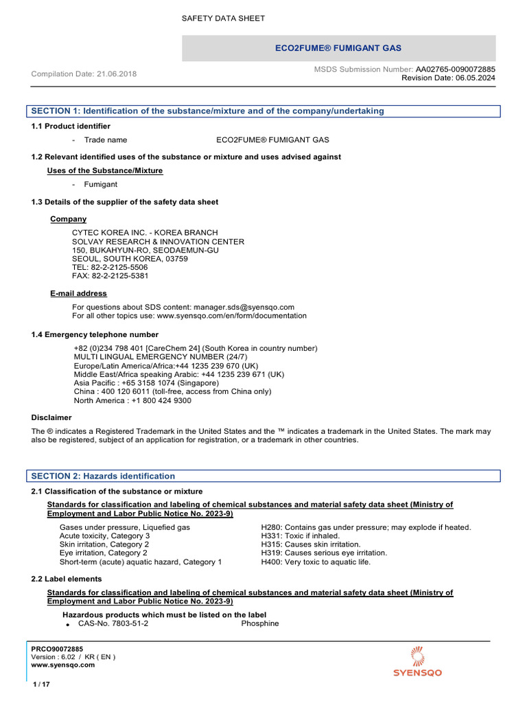 Eco2Fume® Fumigant Gas Safety Data Sheet | PDF | Toxicity | Firefighting