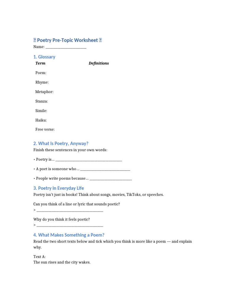 Lal Pre Poetry Worksheet | PDF