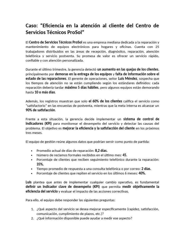 Mejora de la Eficiencia en Atención al Cliente ProSol | PDF | Indicador ...
