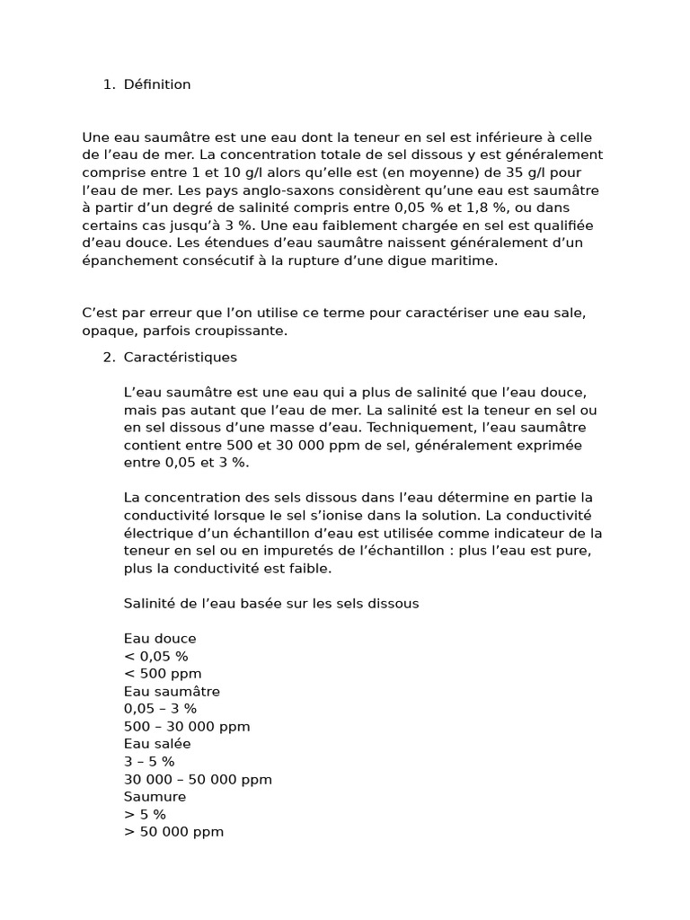 Définition et caractéristiques de l'eau saumâtre PDF Salinité — free download