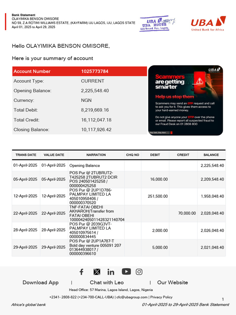 UBA Bank Statement Omisore | PDF | Corporations | Business Economics