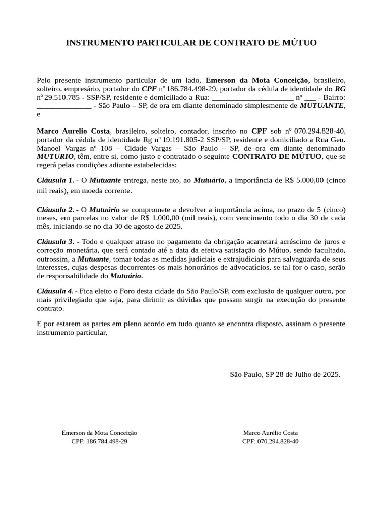 Contrato de Mútuo entre Partes em SP | PDF