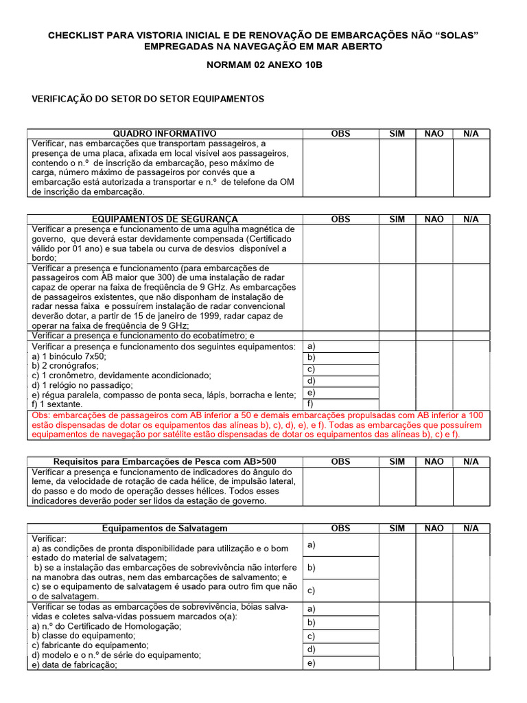 Vistoria de Embarcações Não SOLAS: Checklist | PDF | Hélice | Navios