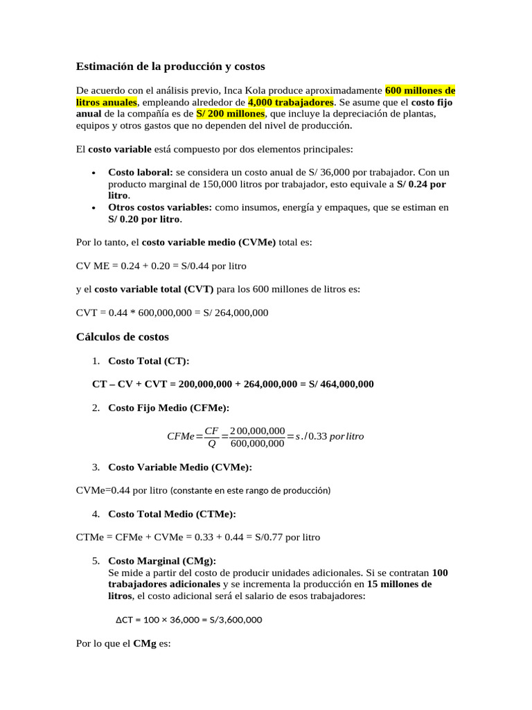 Costos de Producción de Inca Kola | PDF | Costo marginal | Negocios ...