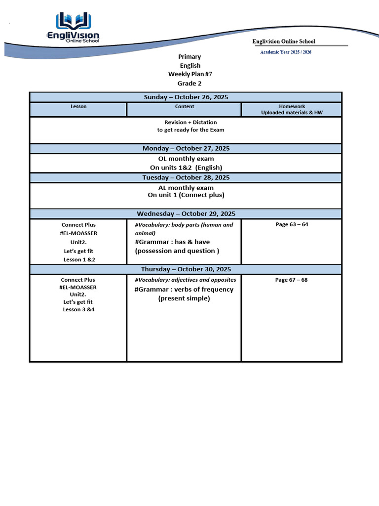Grade 2 English Weekly Plan #7 | PDF