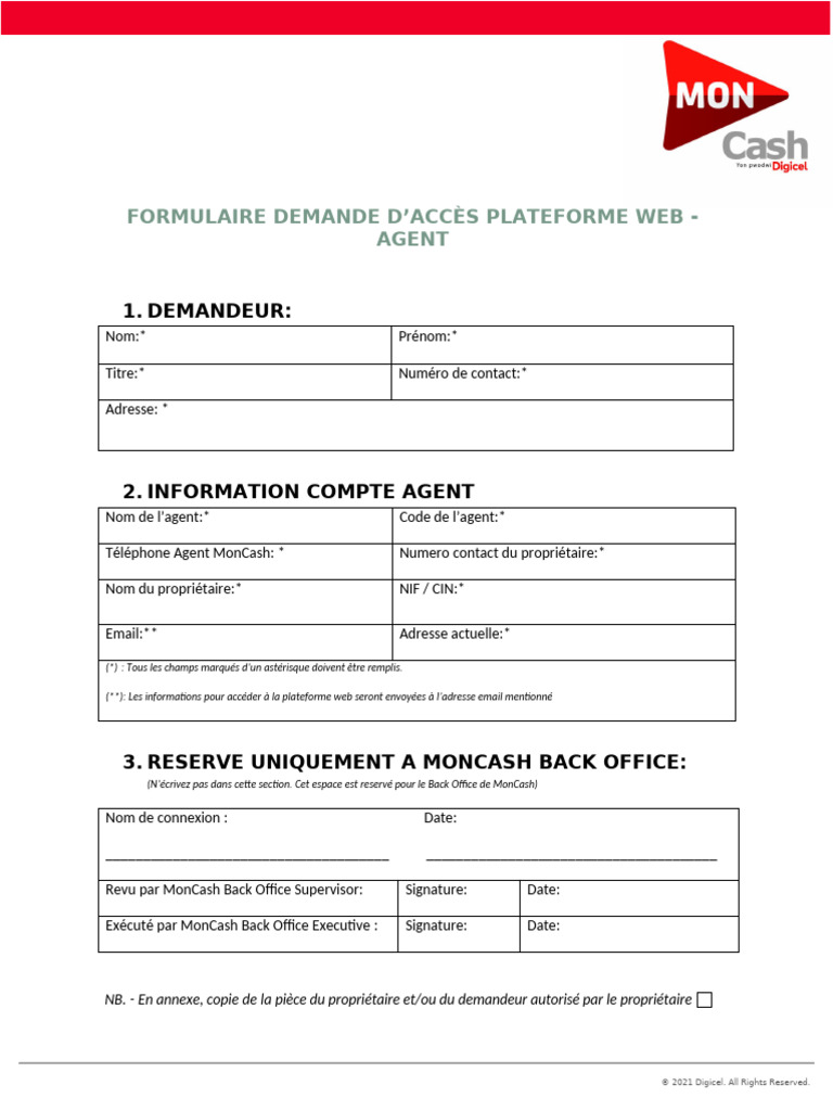 Formulaire d'accès plateforme MonCash | PDF