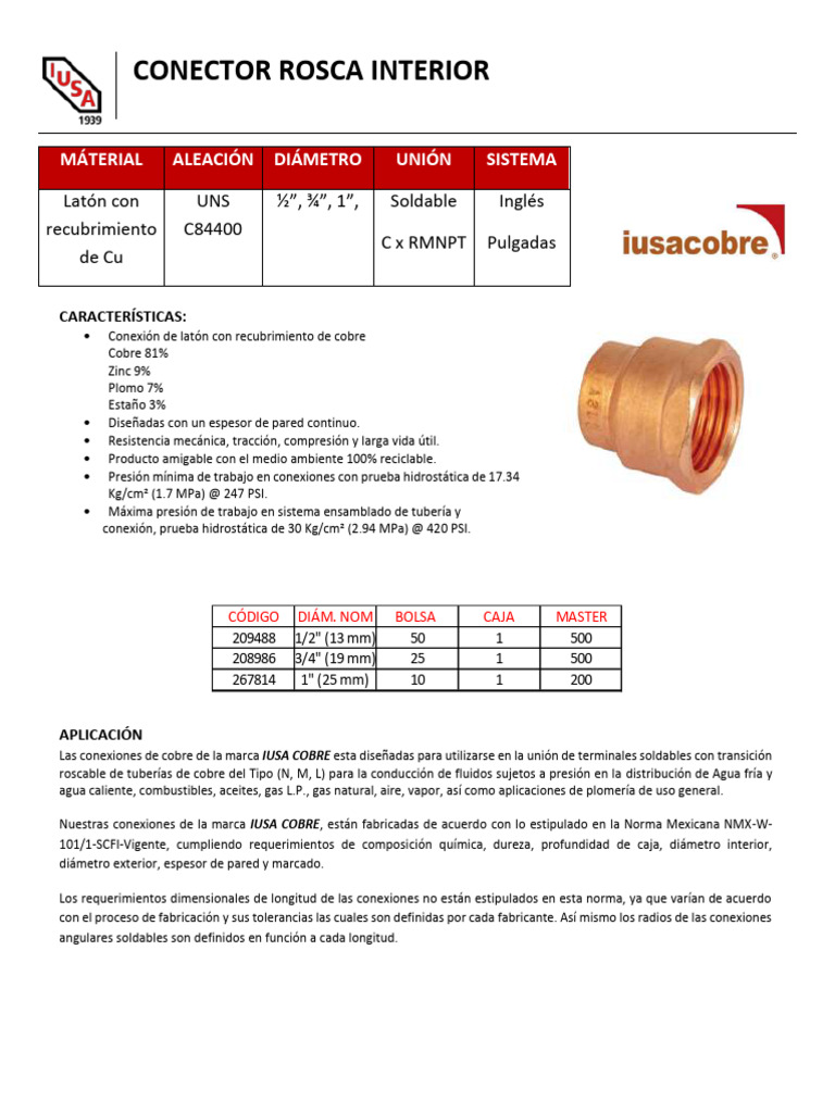 Conector Rosca Interior de Cobre IUSA | PDF | Cobre | Estaño
