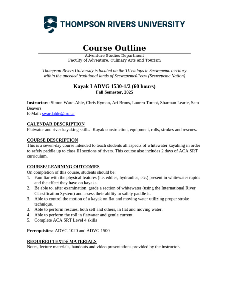 ADVG 1530 Course Outline 2025 | PDF | Bathroom | Kayak