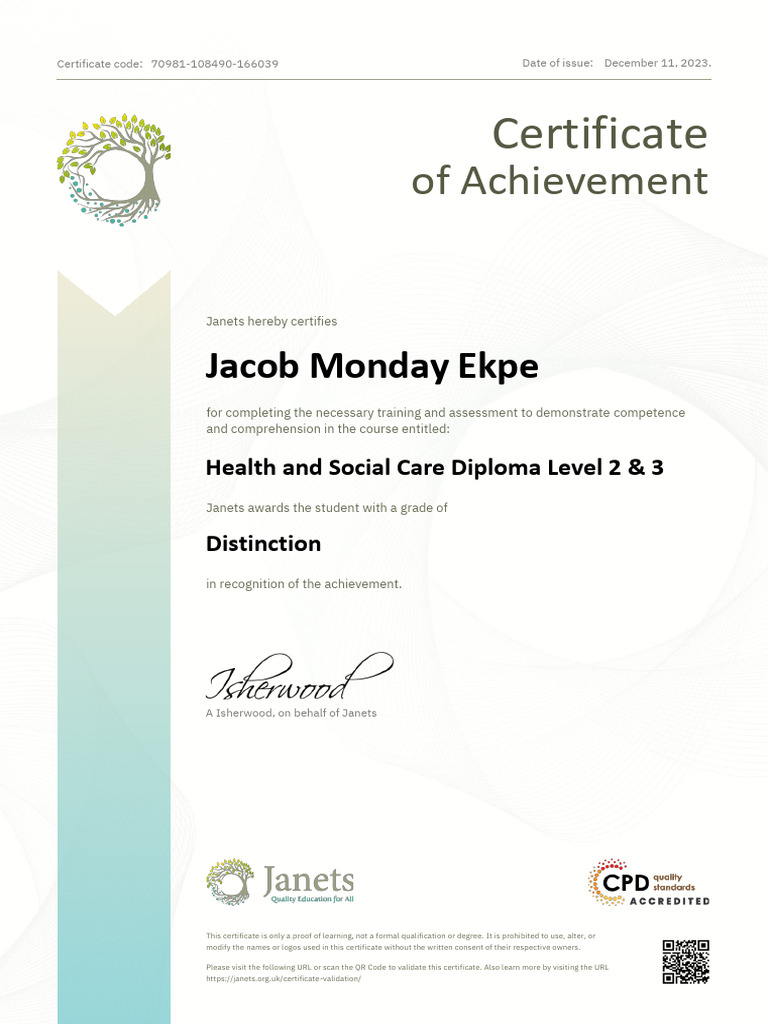 Jacob Monday Ekpe - Health and Social Care Diploma Level 2 & 3 | PDF