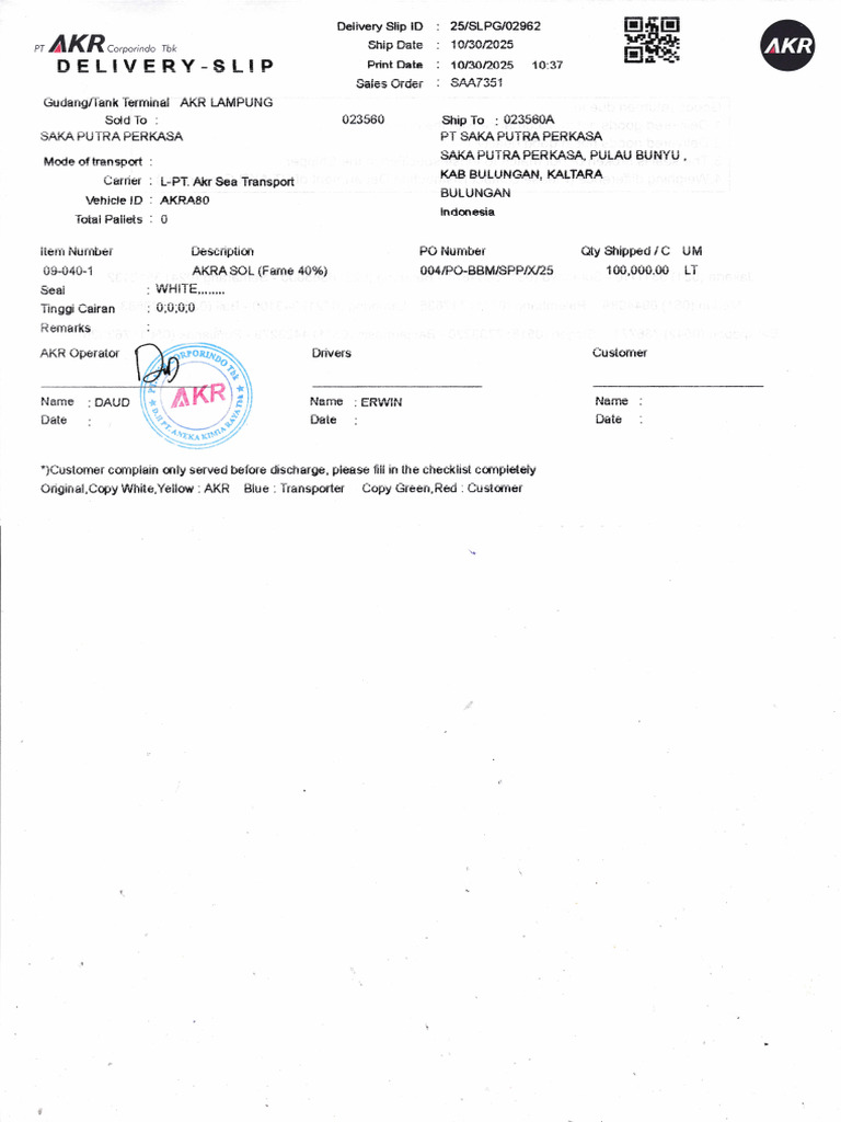 AKRCorporindo Tbk Delivery Document | PDF