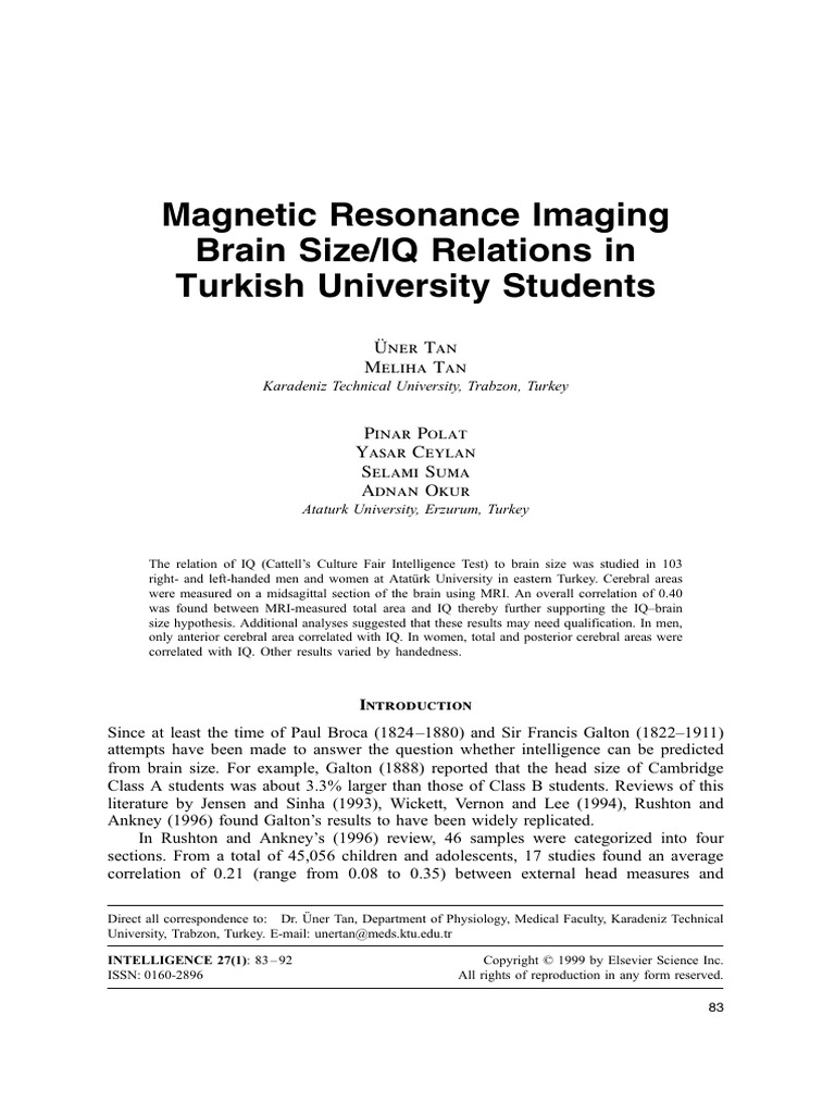 MRI Brain Size and IQ in Turkish Students | PDF | Intelligence Quotient ...