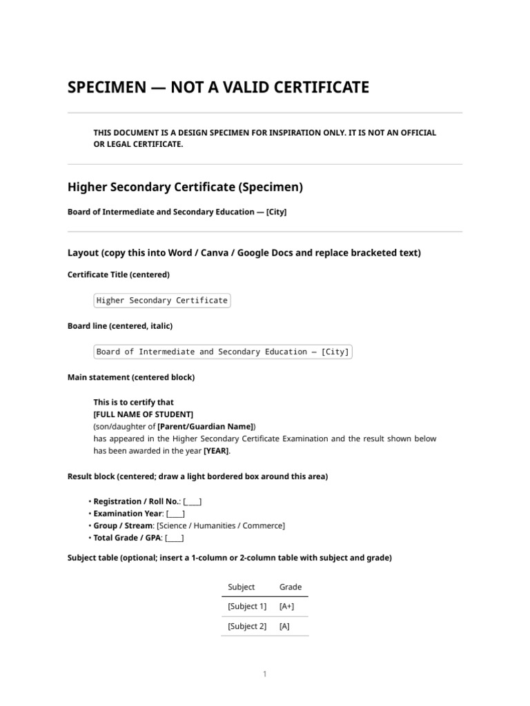 HSC Specimen Certificate - Specimen | PDF | Text