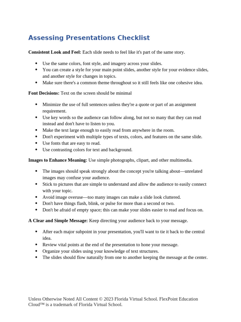Assessing Presentations Checklist Pdf