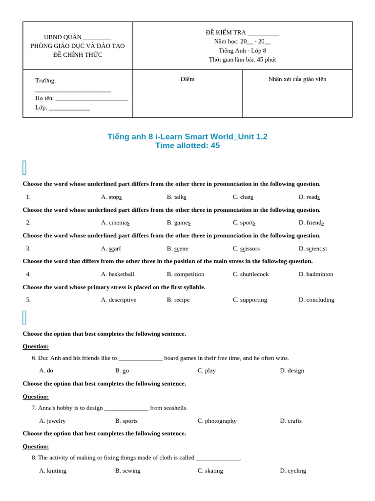 English Test for 8th Grade Students | PDF